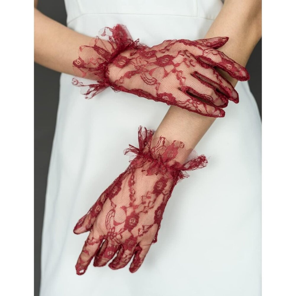Women's Red Vintage Evening Short Lace Gloves Wedding Party Prom Accessories - Picture 3 of 6